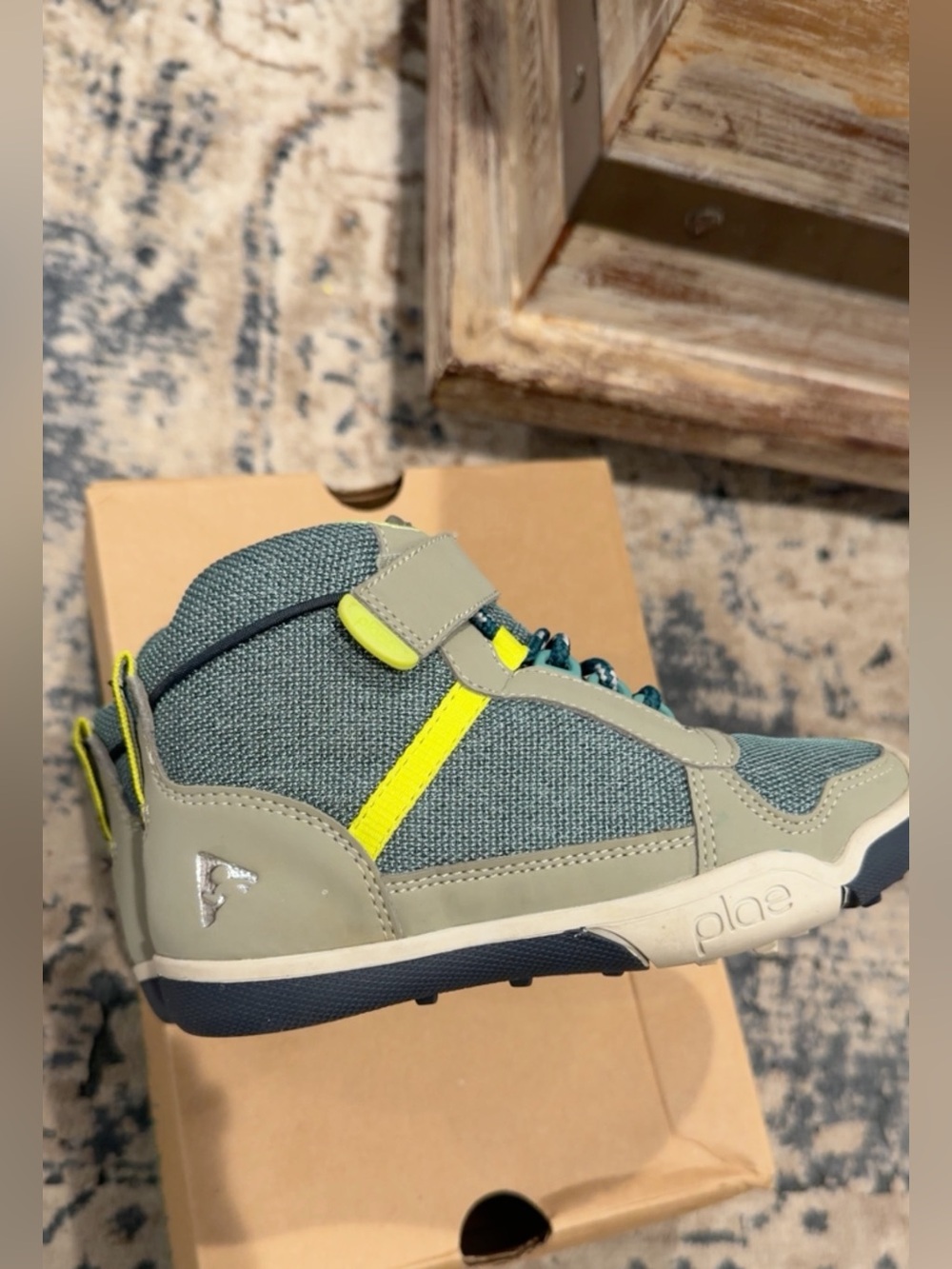 PLAE Kids Mid-Top Sneakers in Olive Green with Neon Yellow Accent